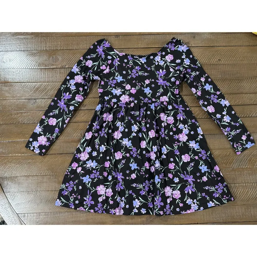 The Children's Place Girls Floral Everyday Dress Black/Purple LARGE (10-12) - Picture 3 of 7